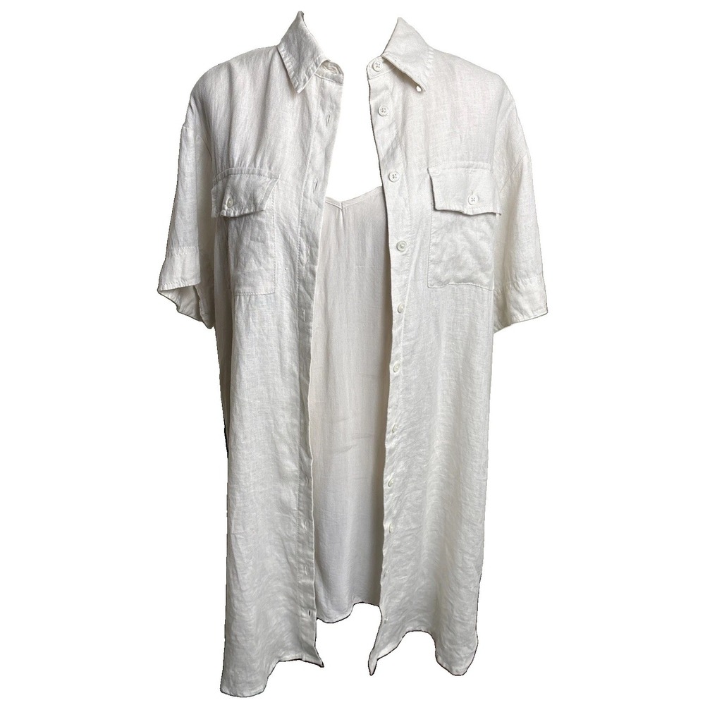 J Crew 100% Linen Utility Shirt Dress Womens XS Cream Classic Minimalist Coastal